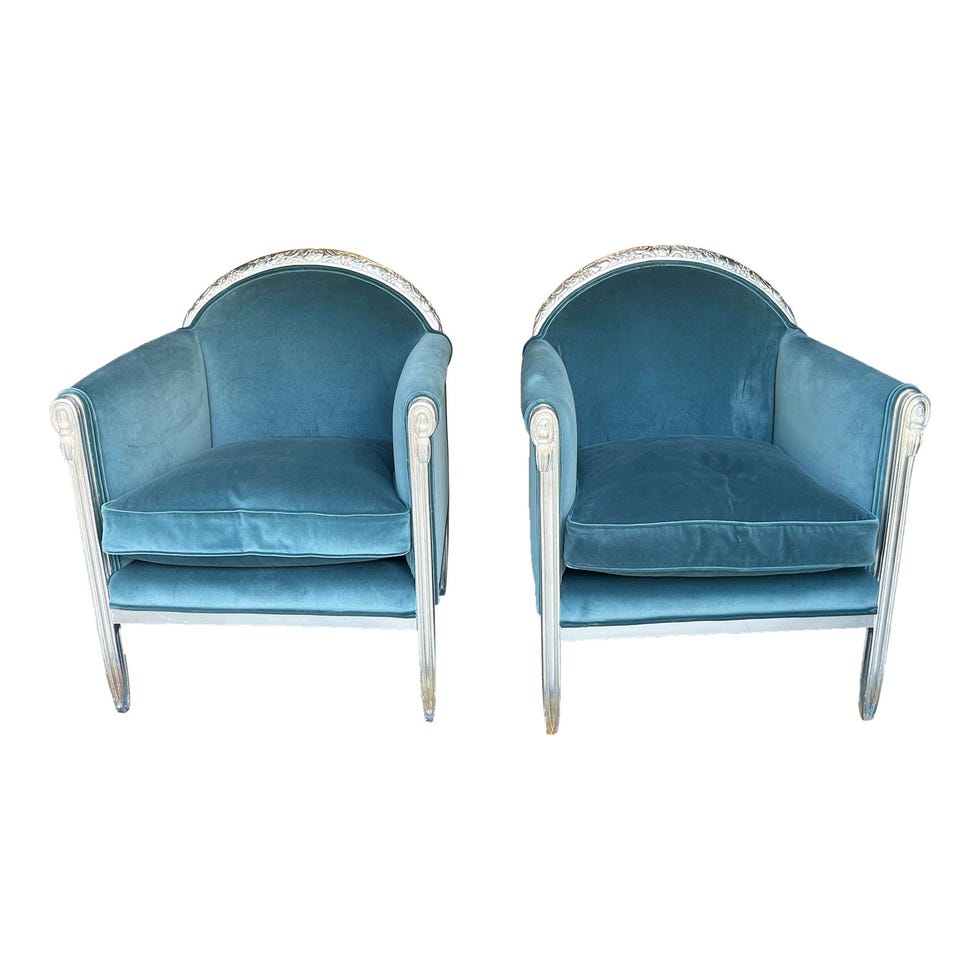 1920s Art Deco Era Silver Leaf and Blue Velvet Club Chairs