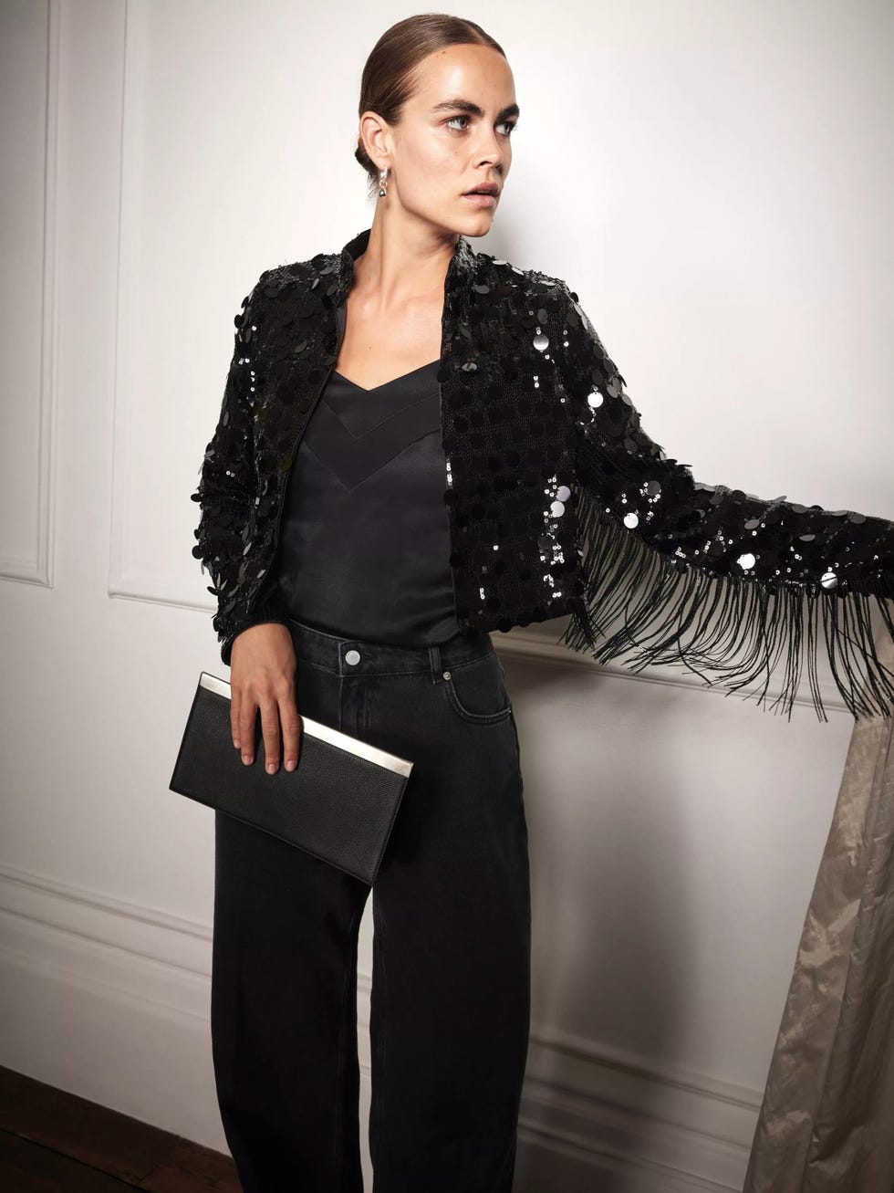 Sequin Fringed Shrug  Black