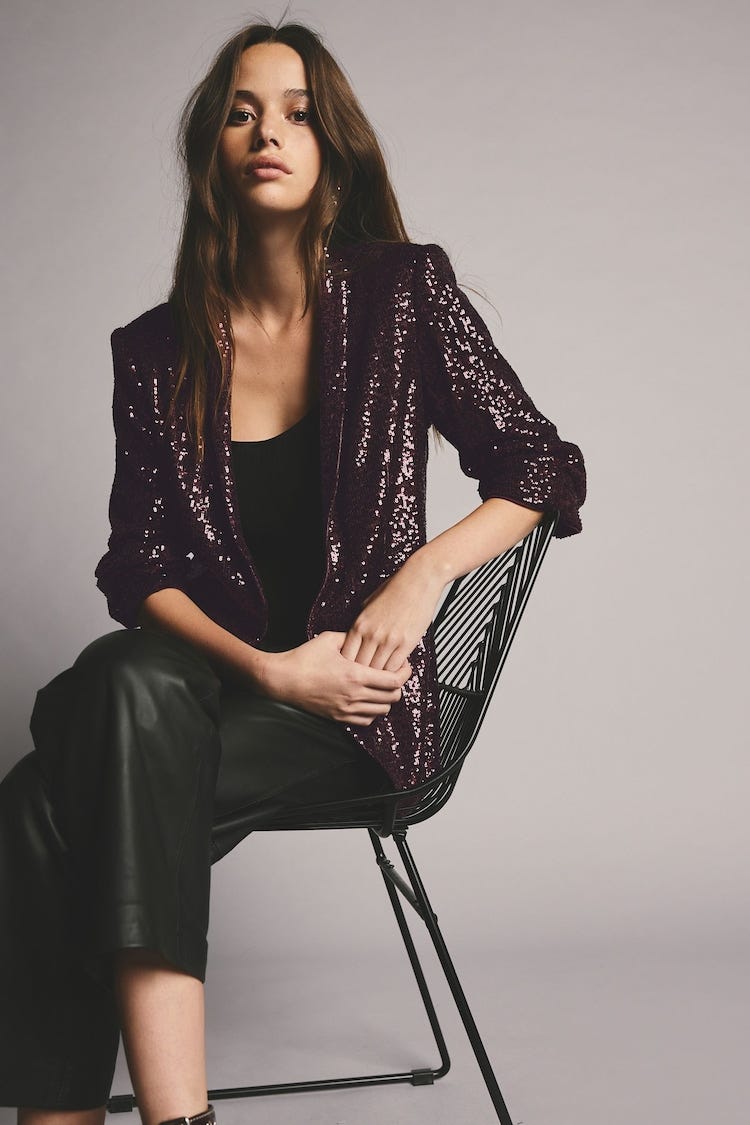 Burgundy Red Sequin Ruched Sleeve Blazer