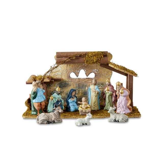 Porcelain Nativity Scene with Wooden Stable
