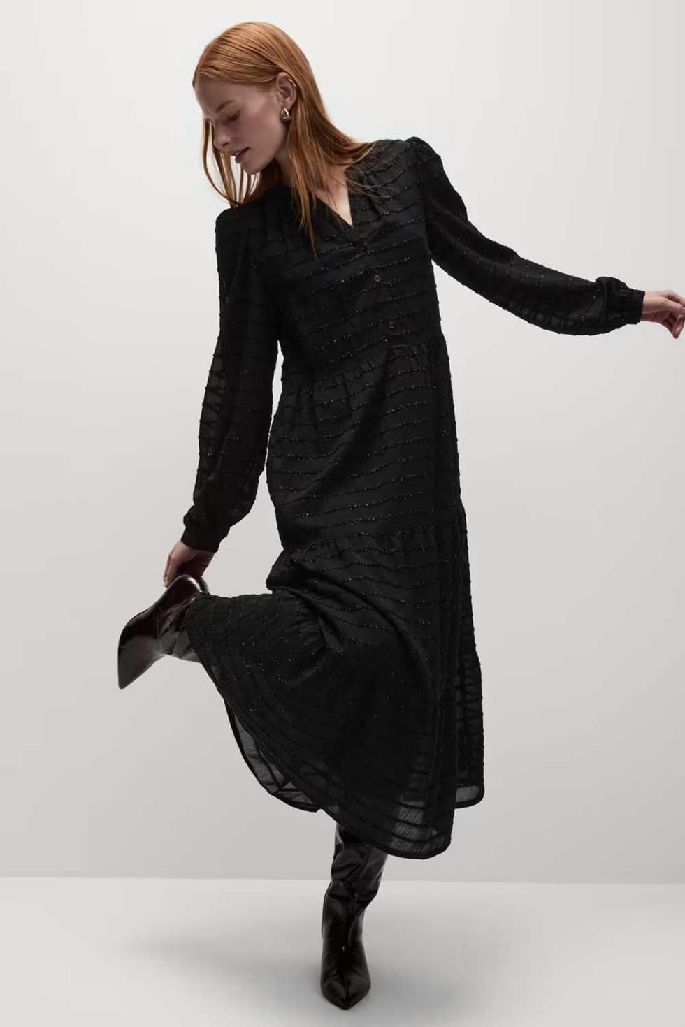 Textured V-Neck Midi Relaxed Dress