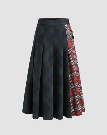 Mid Waist Patched Check Buckle Maxi Skirt