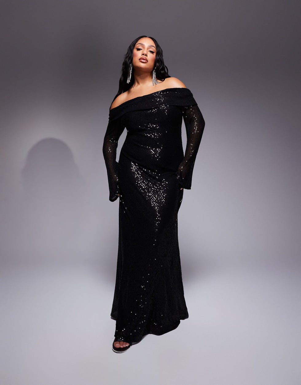 Rose Plus off shoulder sequin maxi dress in black