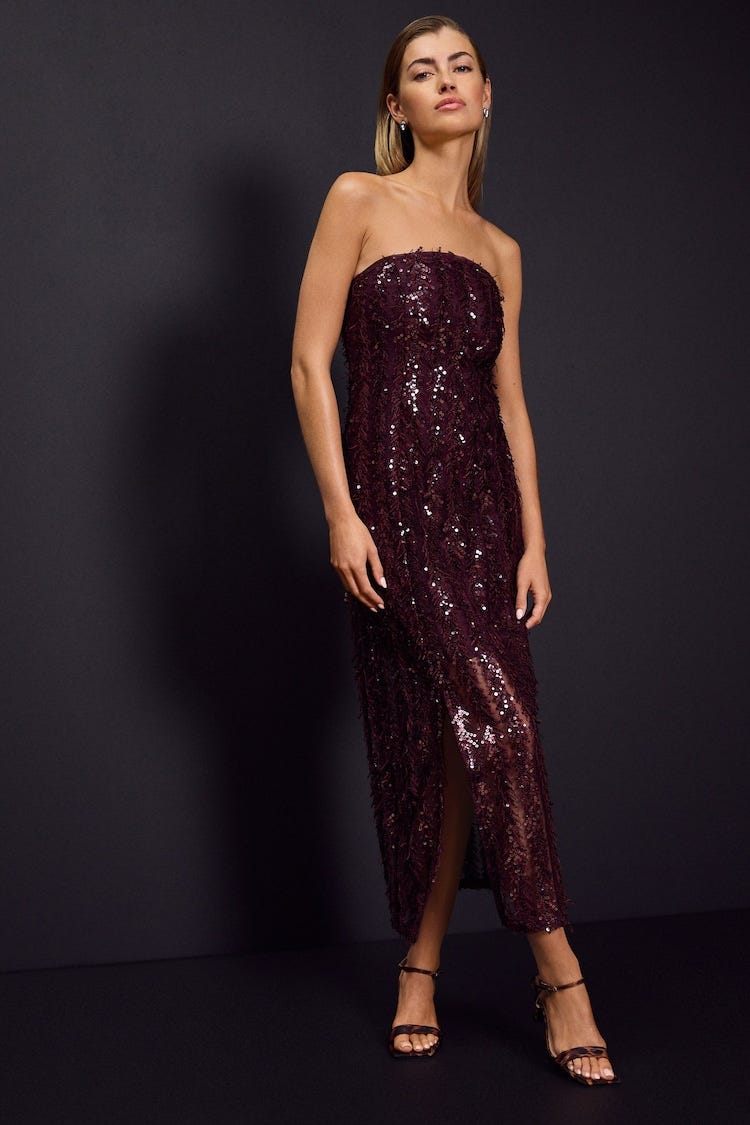 Burgundy Red Feather Sequin Bandeau Maxi Dress
