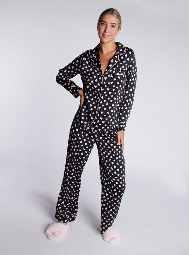Luxe satin heart pyjama set - Black Mix