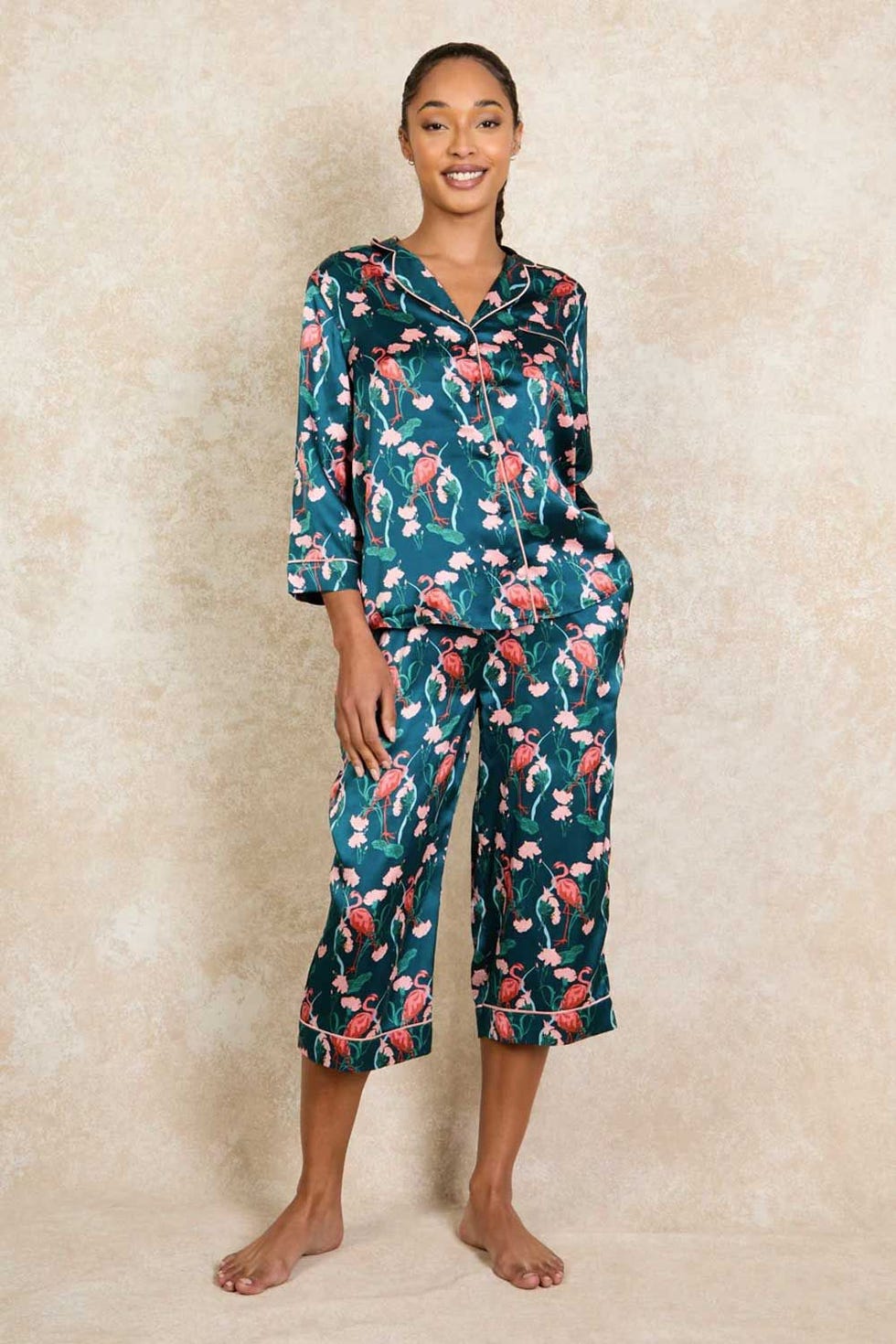 Women's Satin Long Sleeve Capri Pyjamas Flamingo
