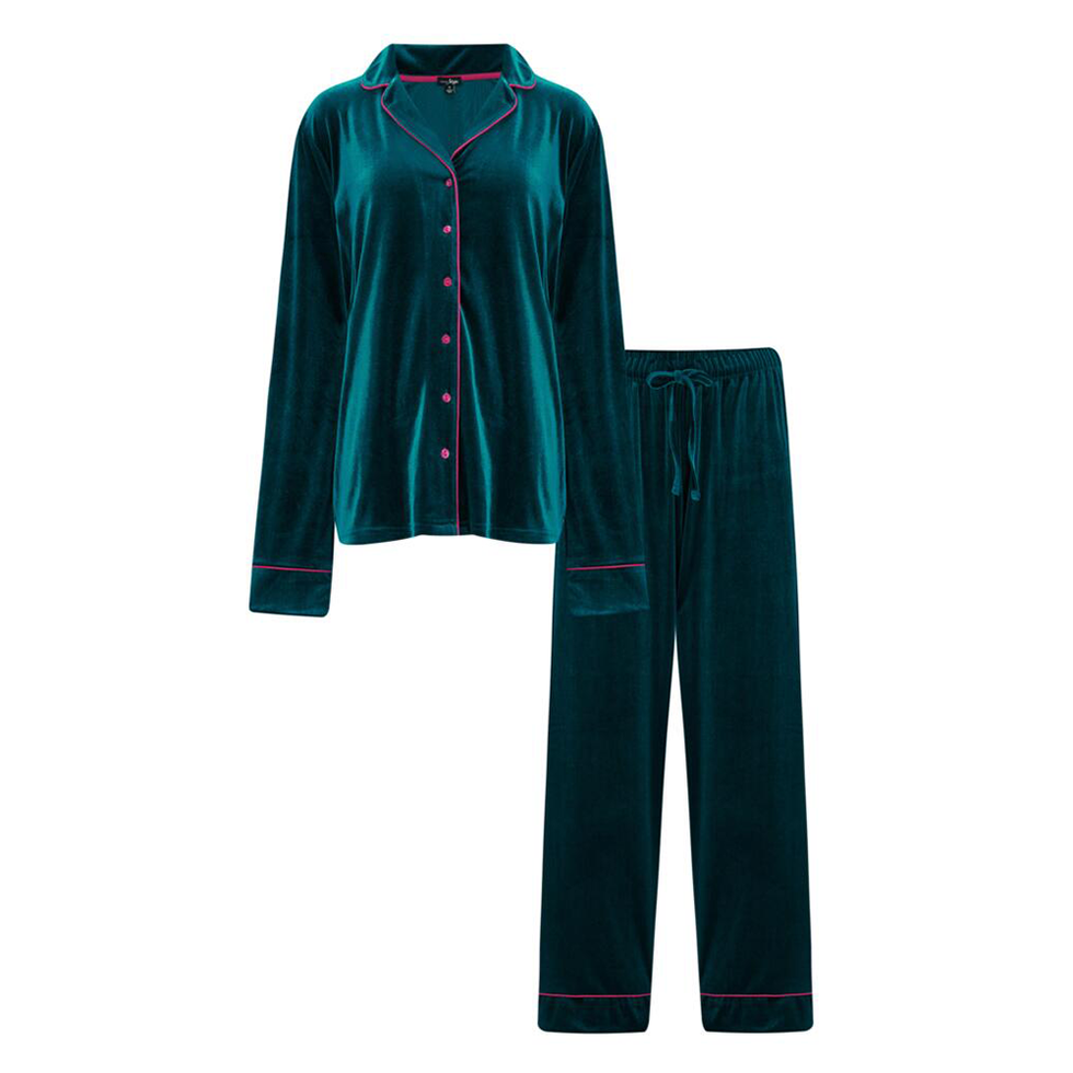 Velour Contrast Trim Pyjama Set - Teal/Pink
