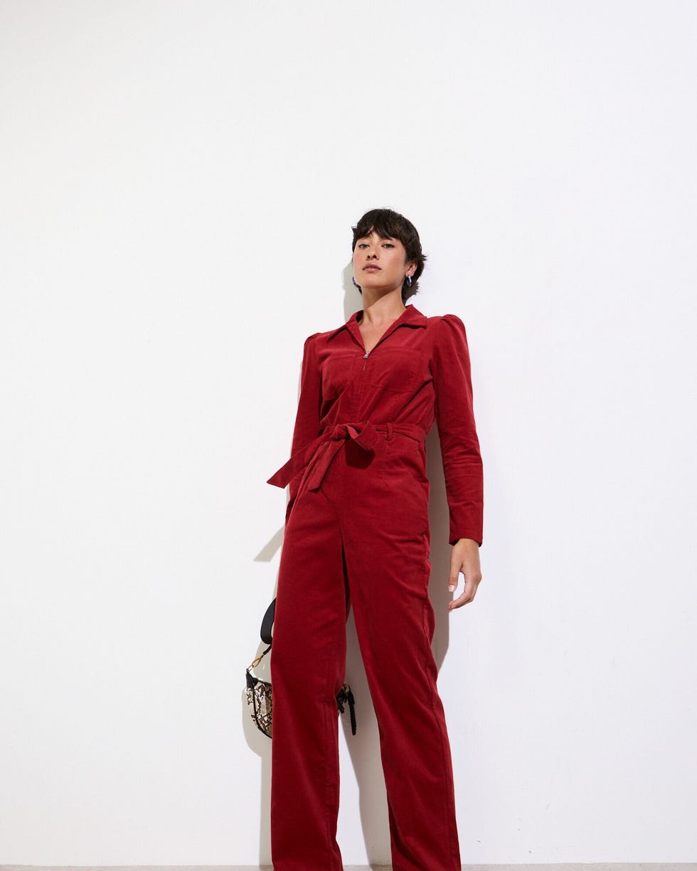 Rust Red Corduroy Long Sleeve Jumpsuit