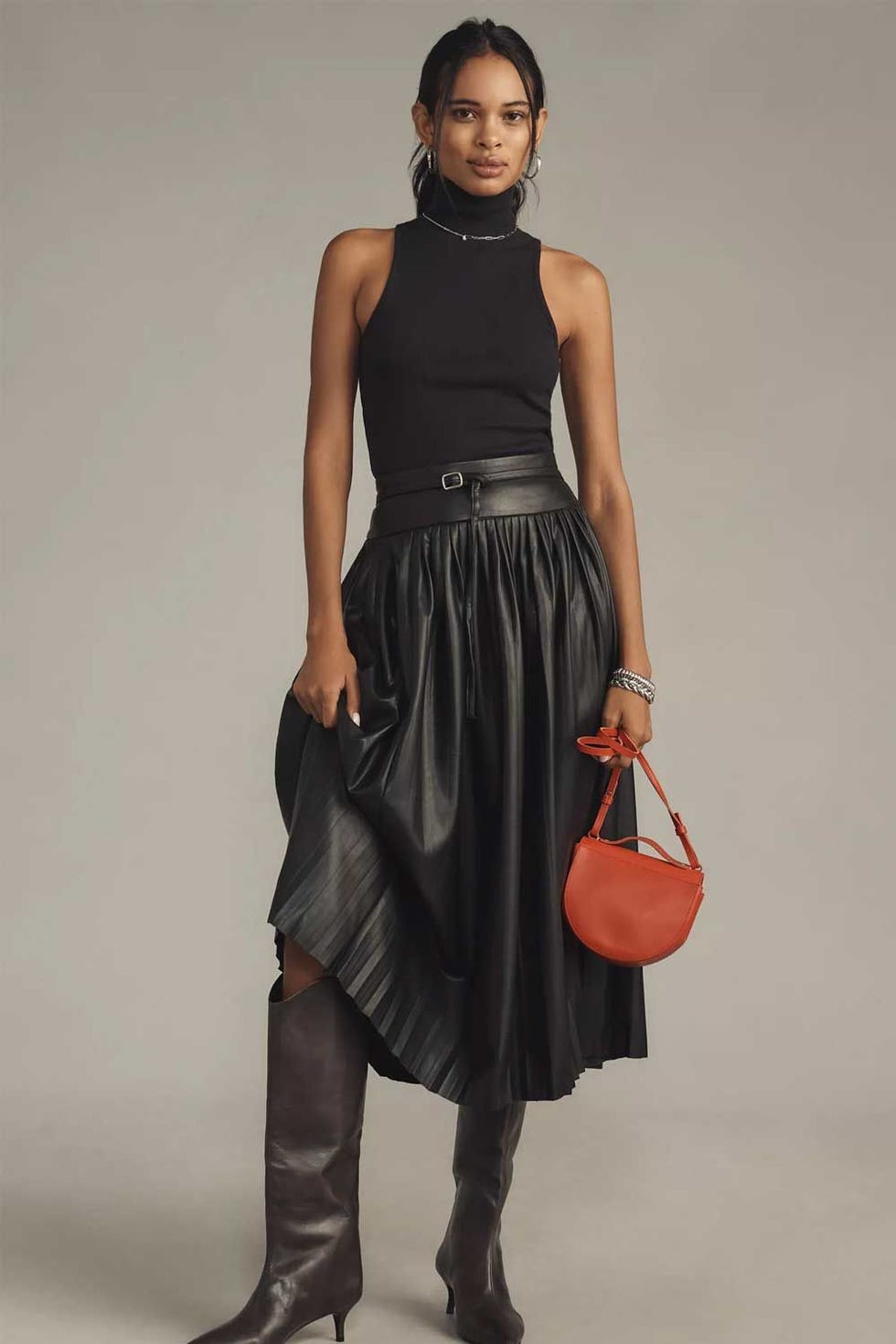 Faux-Leather Pleated Midi Skirt