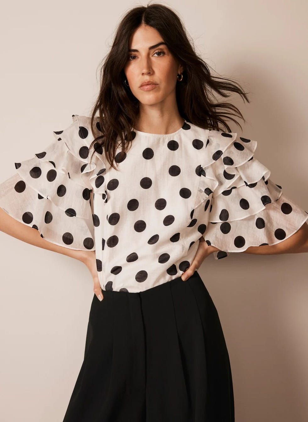 White Polka Dot Ruffle Top