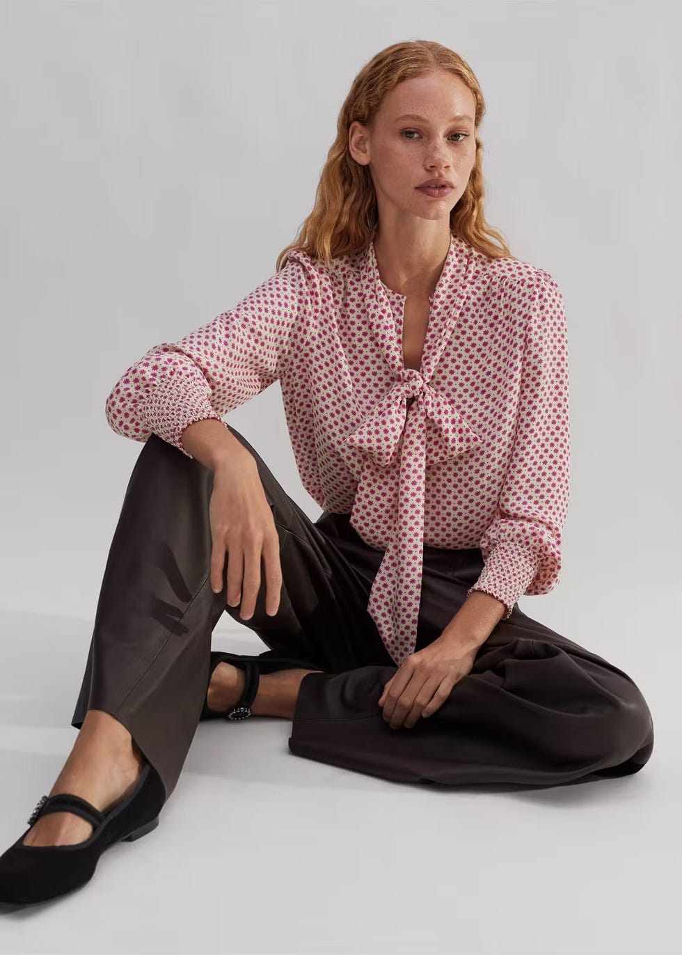 Silk Daisy Polka Dot Print Pussybow Blouse
