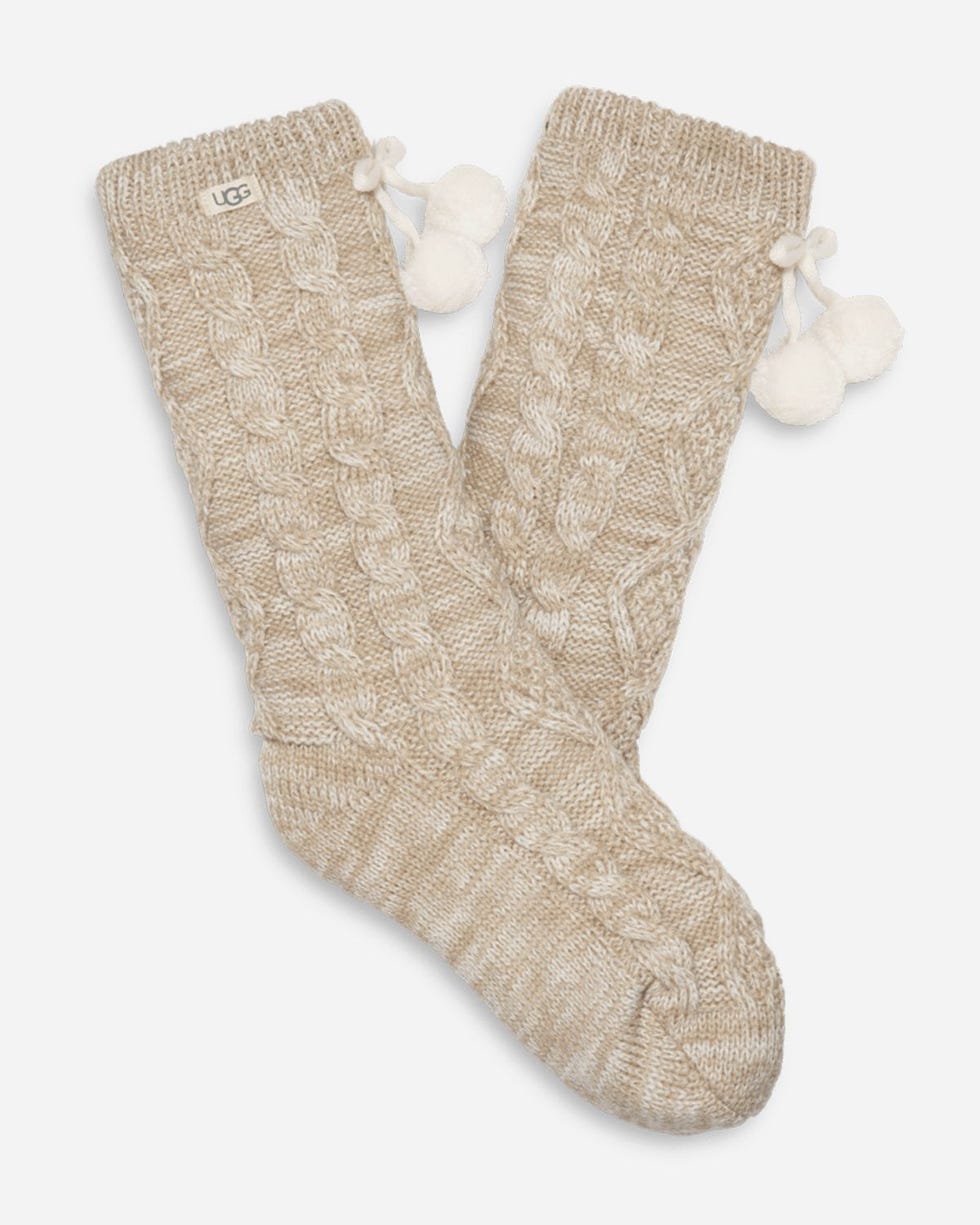 Pom Pom Fleece LinedSocks, Cream, O/S