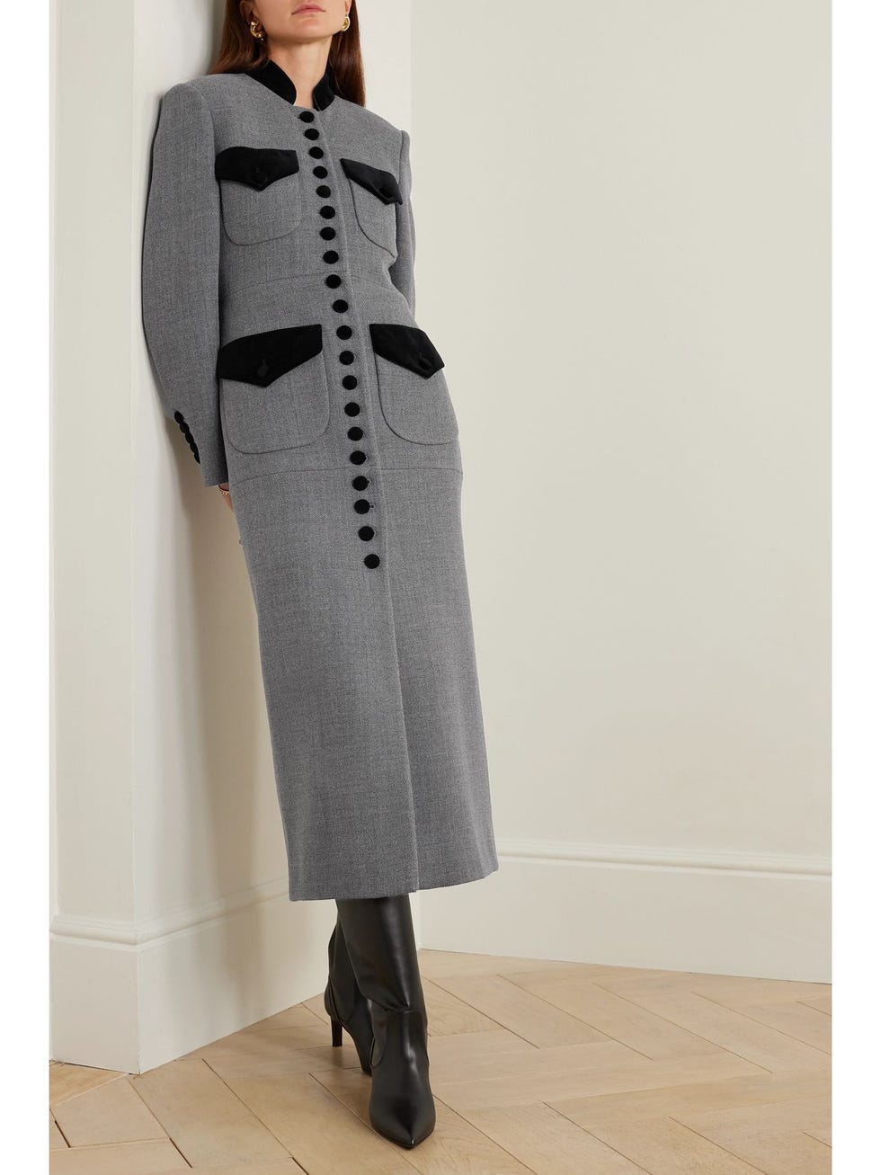 Velvet-Trimmed Wool Coat