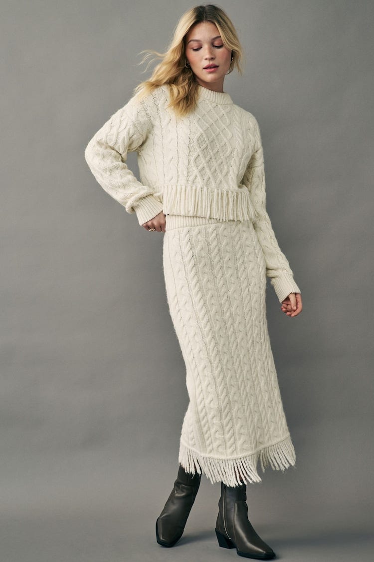 Camel Neutral Cable Knit Fringe Midi Skirt