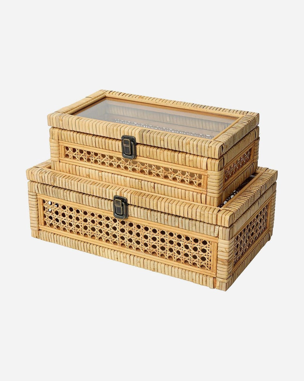 Rattan and Cane Stacking Boxes with Glass Top Lid, Set of 2 