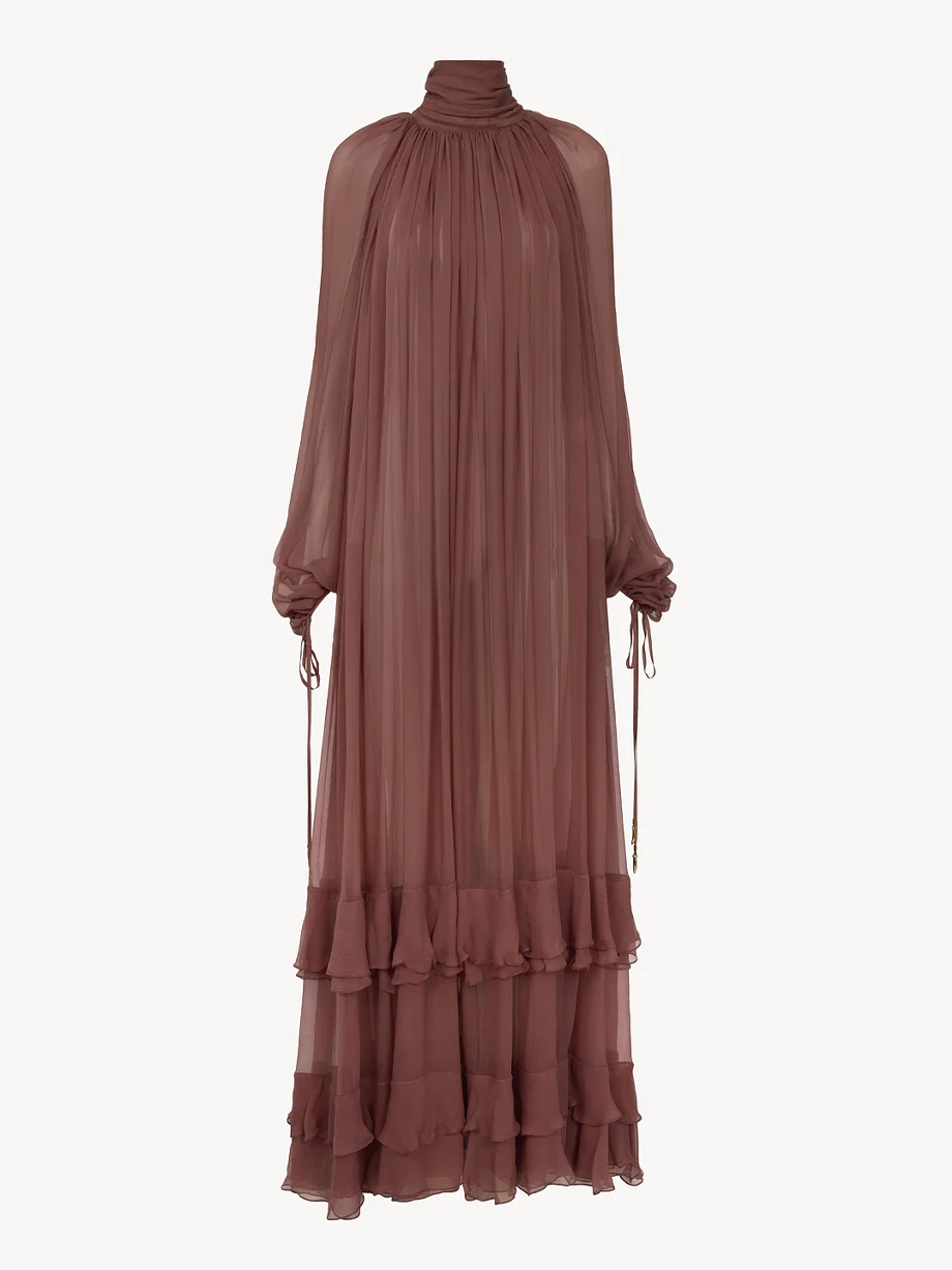 Gathered long dress in silk mousseline