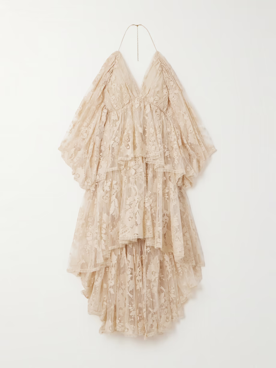 Tiered cotton-blend lace halterneck