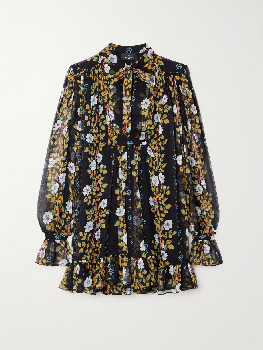 Tie-neck floral-print silk-crepon mini dress