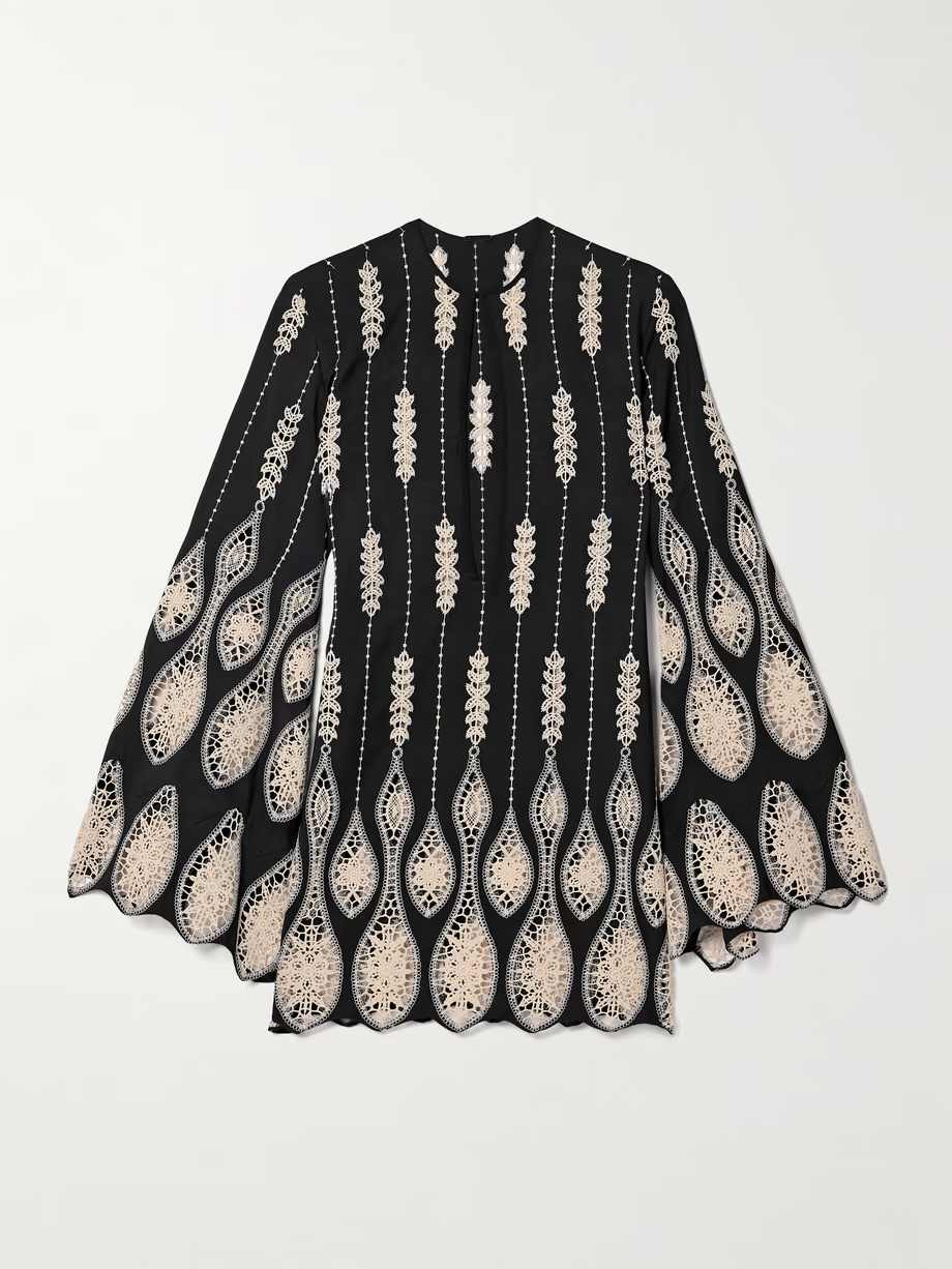 Crochet-trimmed crepe mini dress