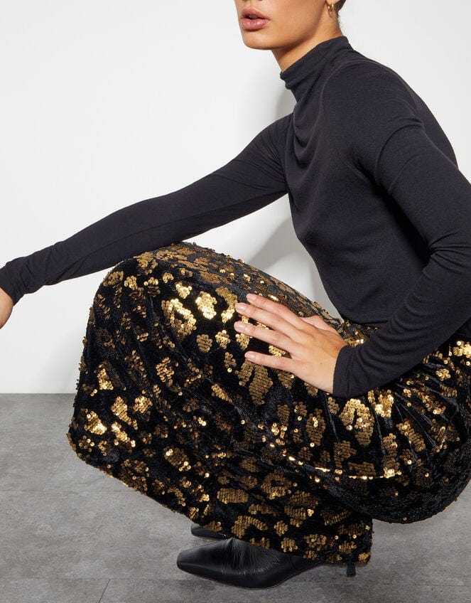 Arwen Sequin Leopard Velvet Midi Skirt Black