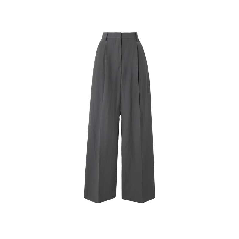 Wool blend pleated twill wide leg trousers