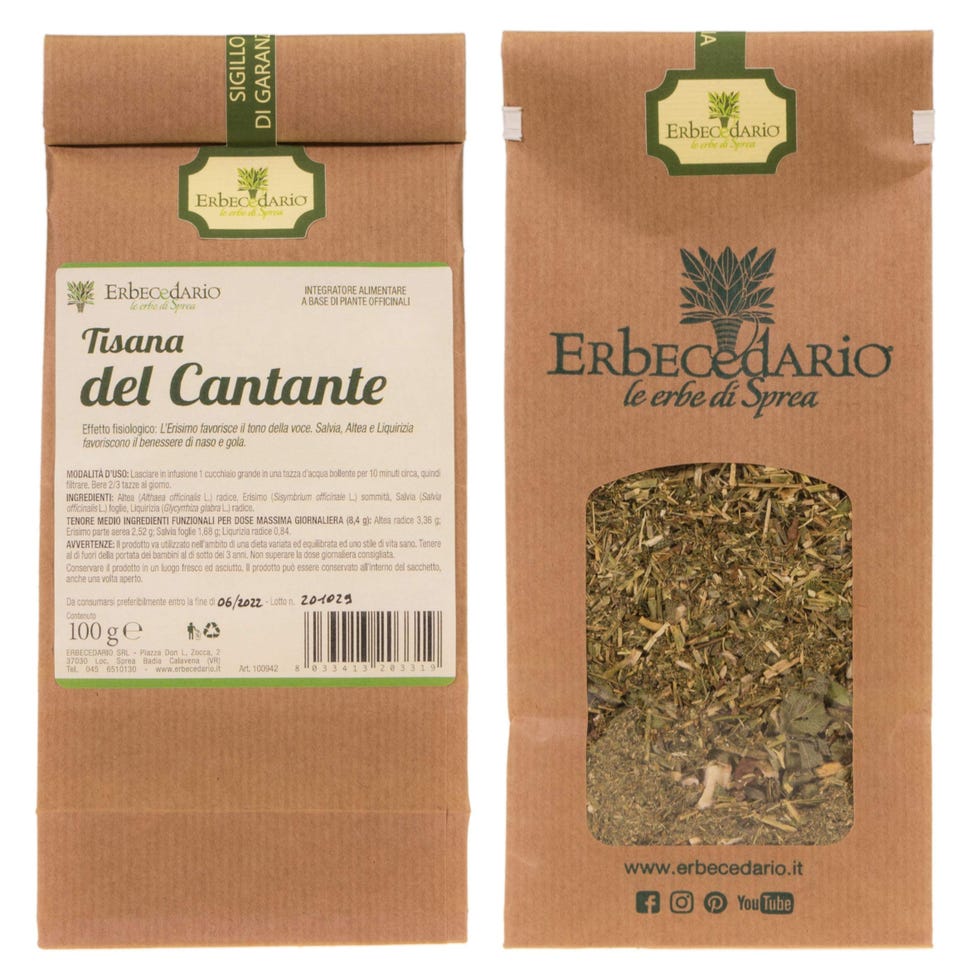 Erbecedario - Tisana del Cantante con Erisimo Altea Salvia e Liquirizia, Infuso utile per il benessere della gola e del cavo orale, Tisana fredda favorisce il normale tono della voce, 1 Sacchetto 100g