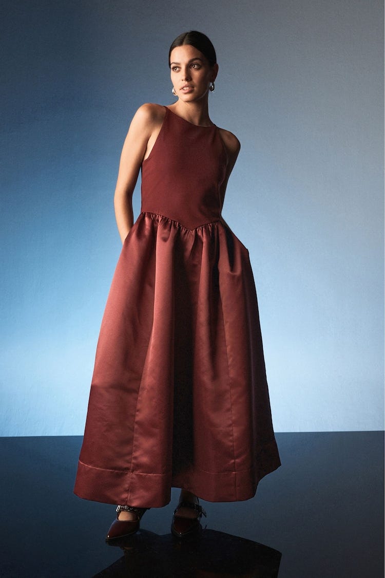 Berry Red Satin And Jersey Racer Occasion Midi Dress