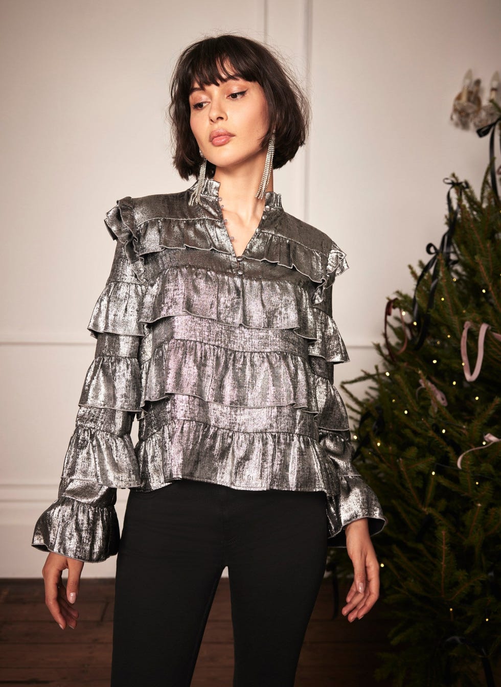 Silver Metallic Ruffle Blouse