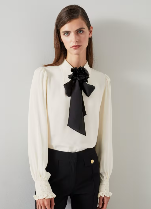 Rose Birch & Black Crepe Blouse With Corsage Detail