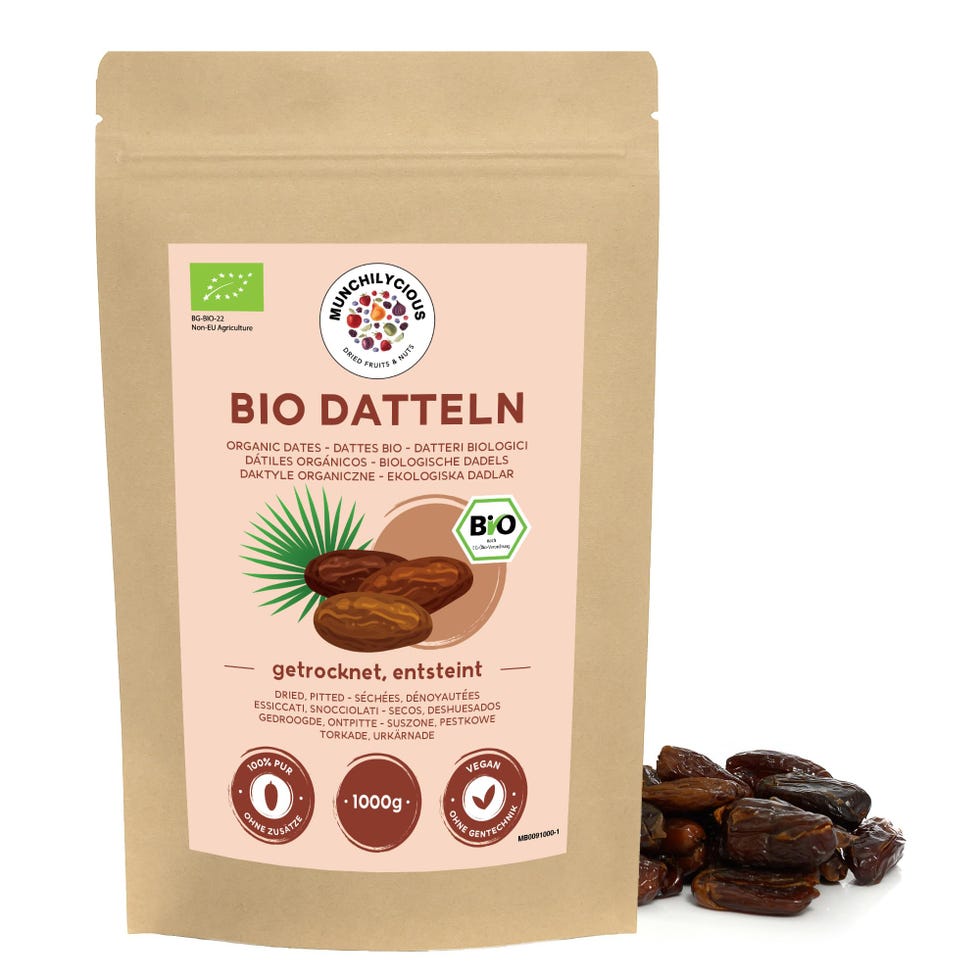Datteri bio denocciolati 1kg di Munchilycious, datteri al naturale, datteri interi e non zuccherati, snack alla frutta, aggiunta perfetta per muesli, cereali o porridge per la colazione