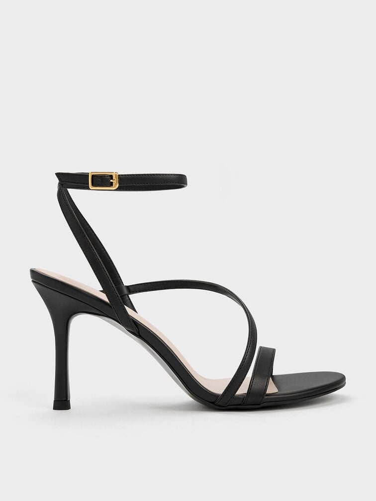 Asymmetric Strappy Heeled Sandals - Black