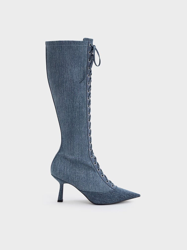 Denim Lace-Up Pointed-Toe Knee-High Boots