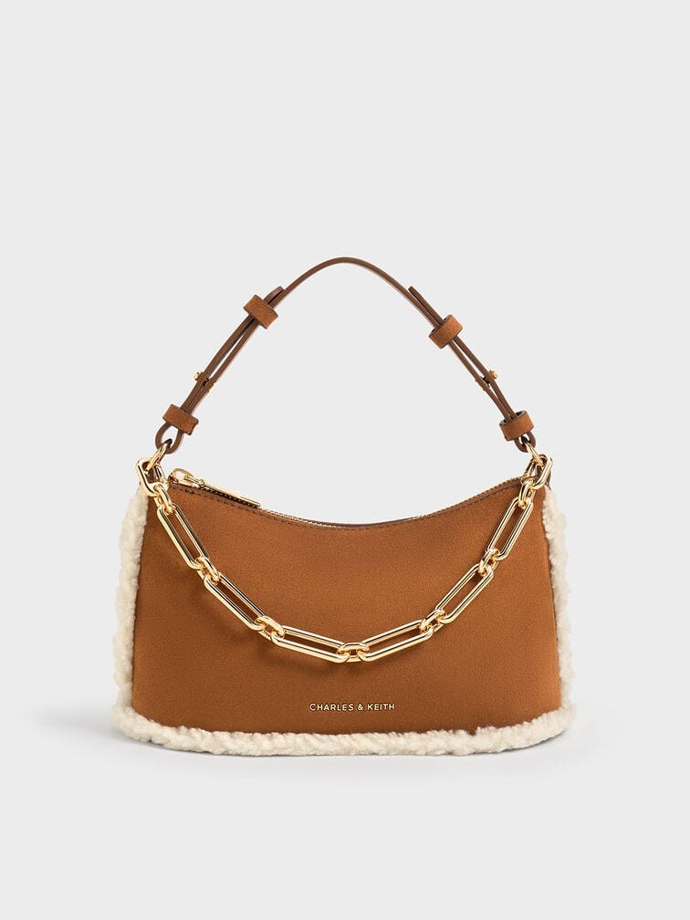 Robyn Faux Suede Fur-Trim Elongated Chain-Handle Bag