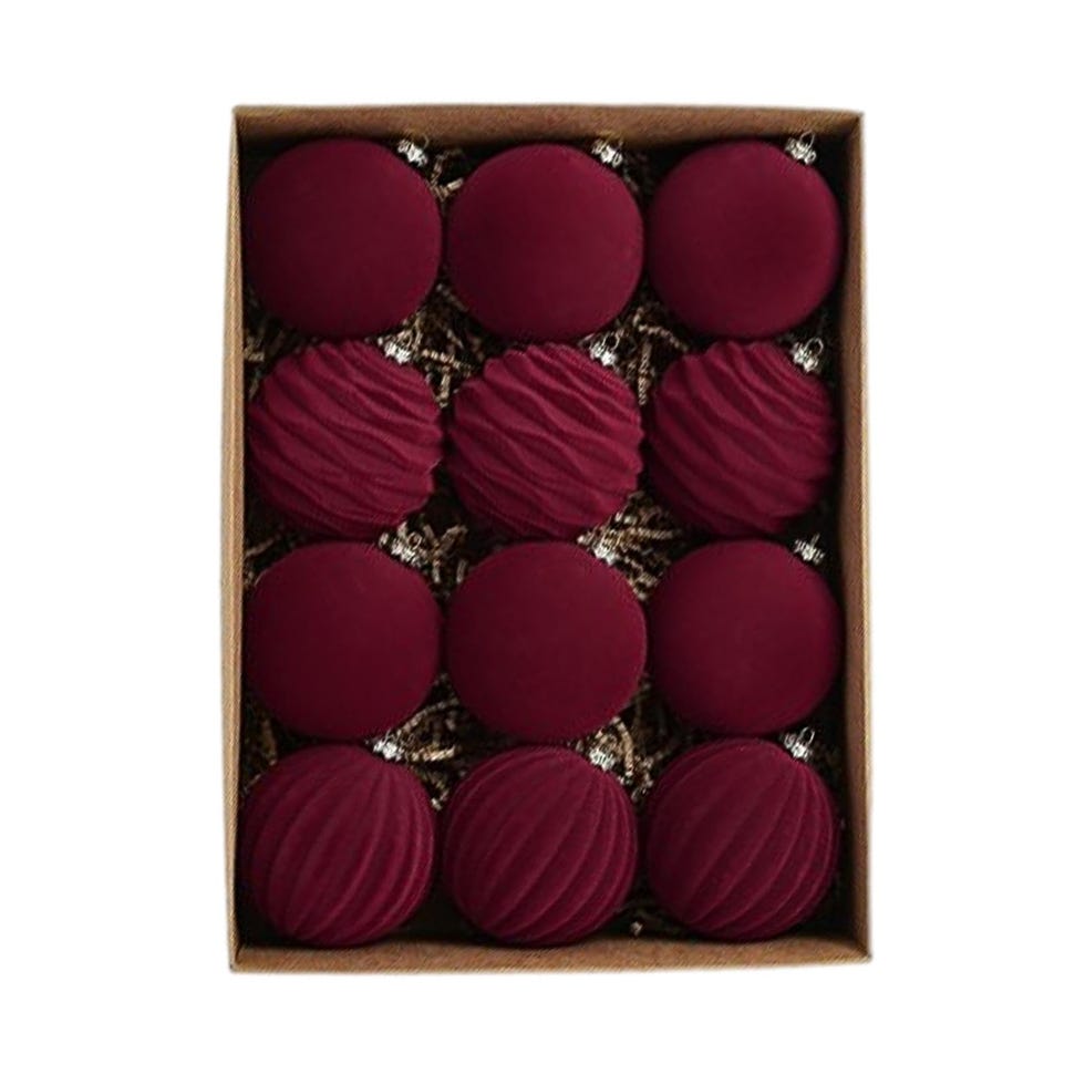 12 bolas de Navidad de terciopelo color burdeos y dorado