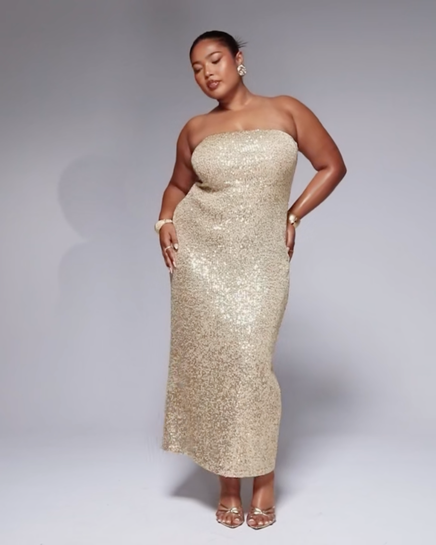Sequin bandeau midi dress in gold