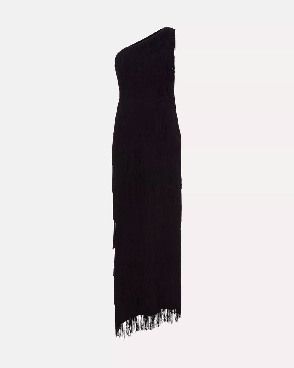 Otto Fringe Asymmetric Maxi Dress Black