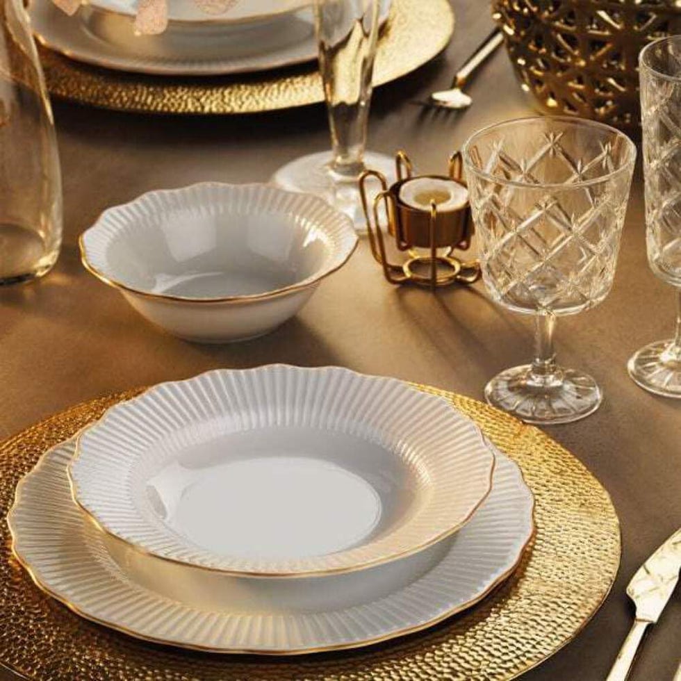 Vajilla de porcelana Porland Frilly de 18 piezas blanca y dorada