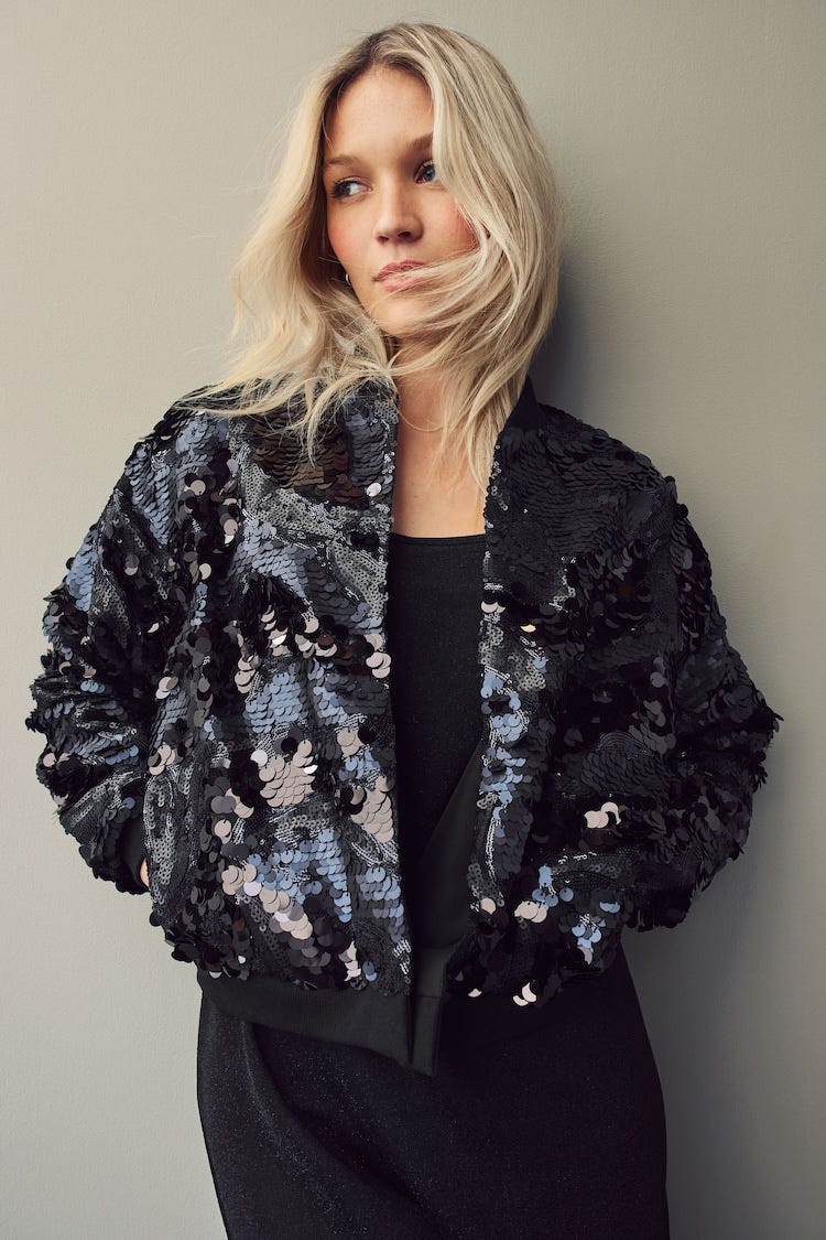 Dark Blue Sequin Bomber Jacket