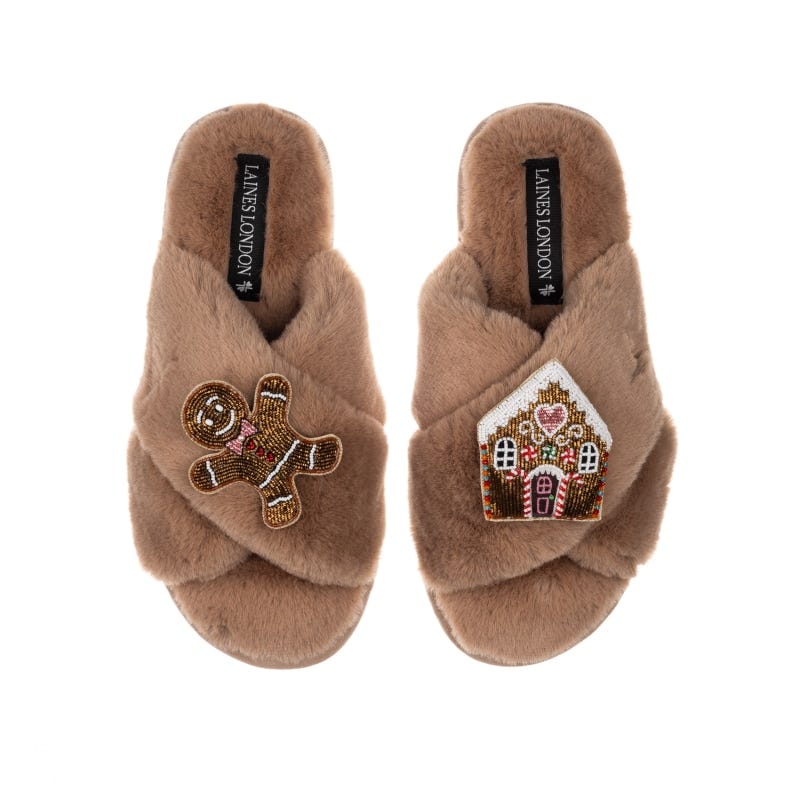 Classic Laines Slippers With Christmas Gingerbread Man & House Brooches 
