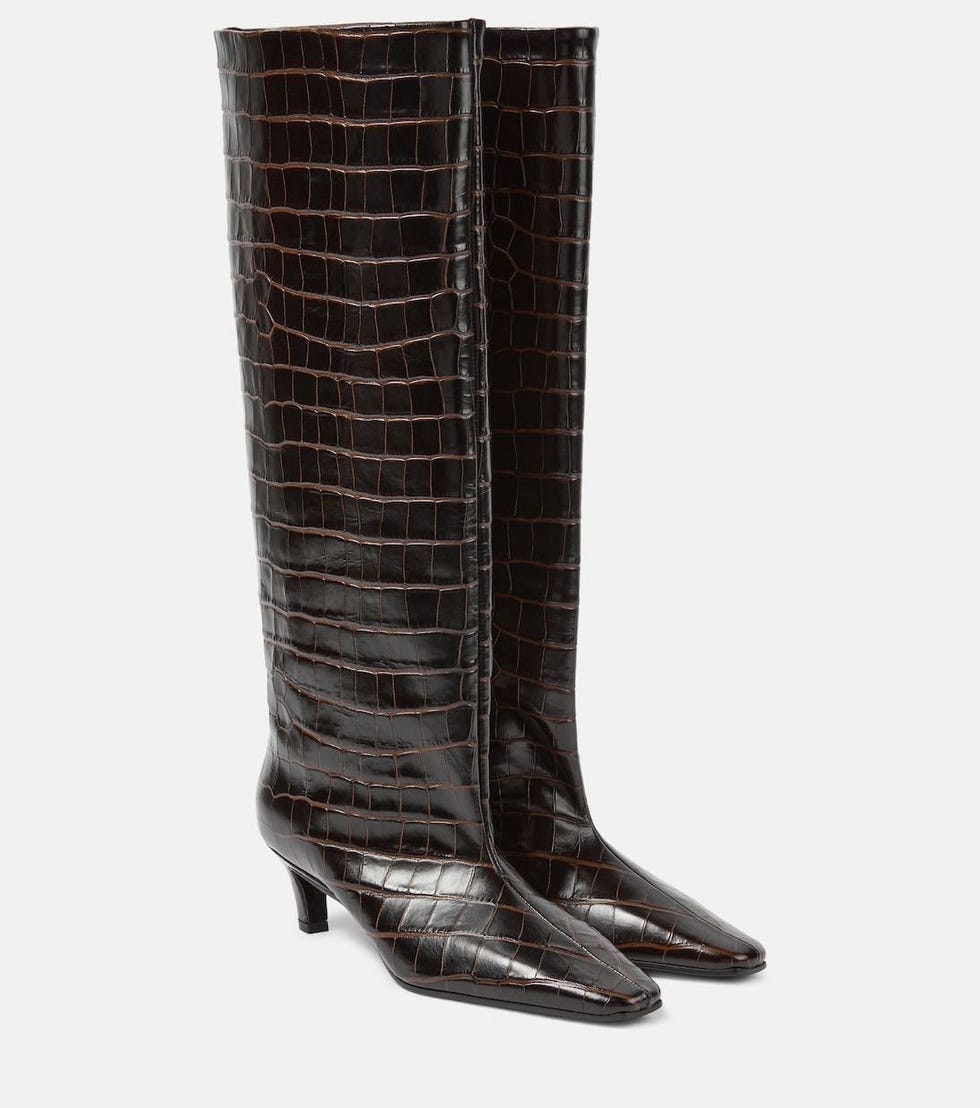 Wide Shaft Croc-Effect Leather Knee High Boots 