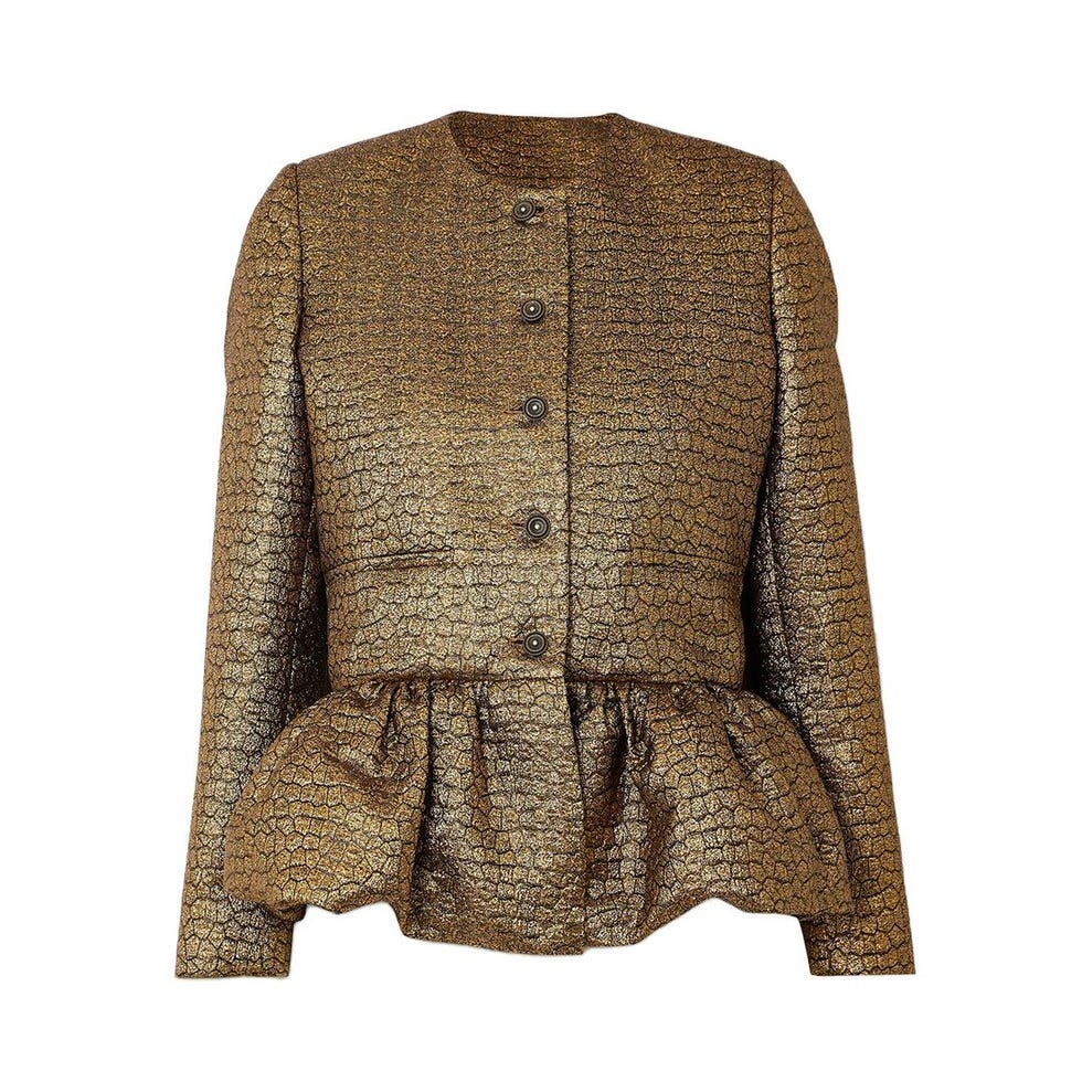 Crystal-Embellished Metallic Jacquard Peplum Jacket