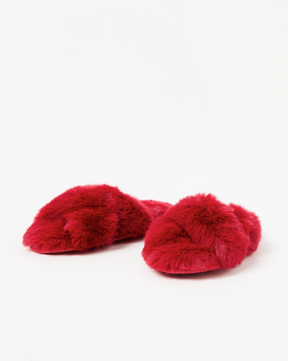 Red Crossover Faux Fur Slippers