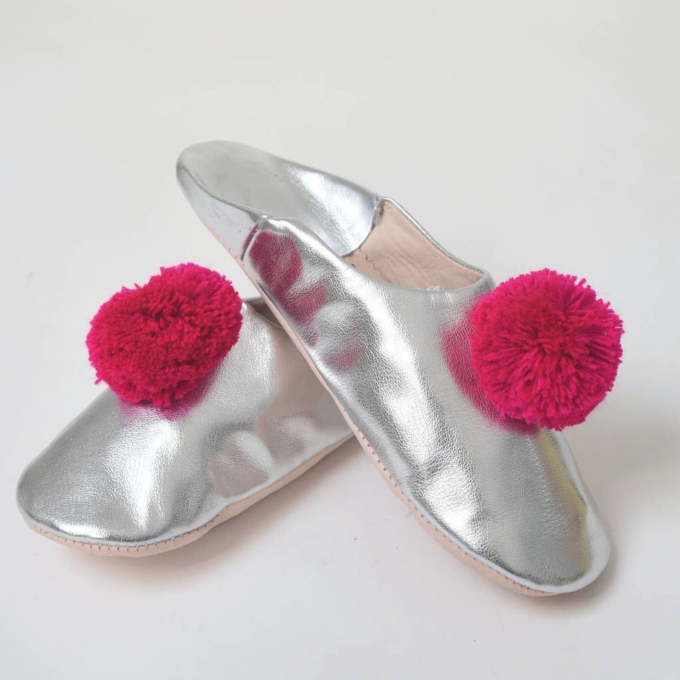 Metallic Babouche Slippers With Chunky Pompom