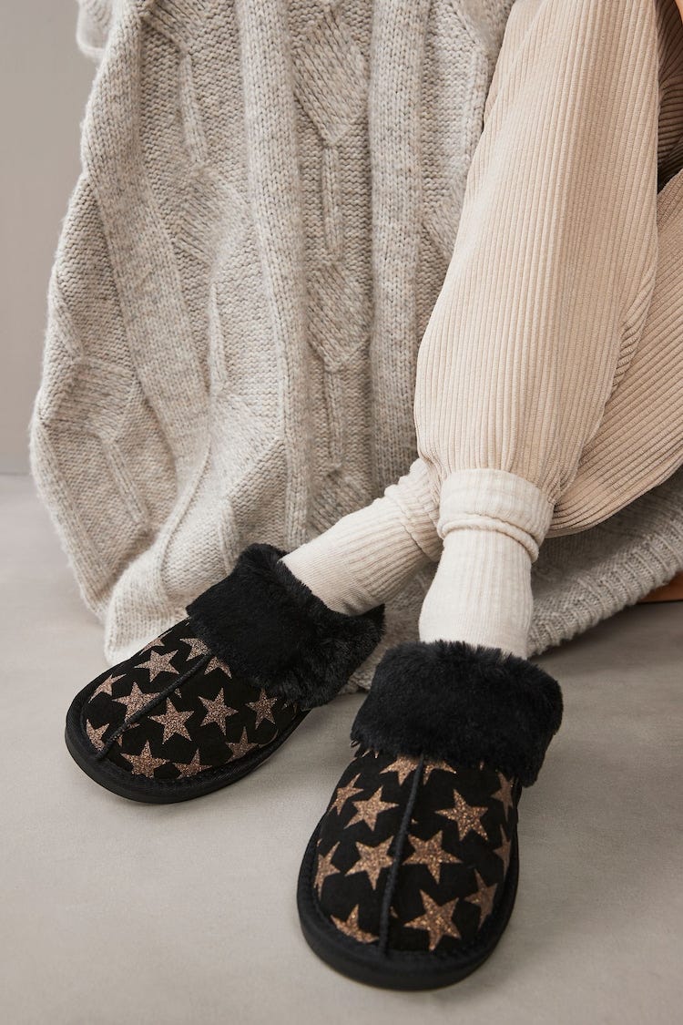 Black/Gold Stars Christmas Suede Faux Fur Lined Mule Slippers