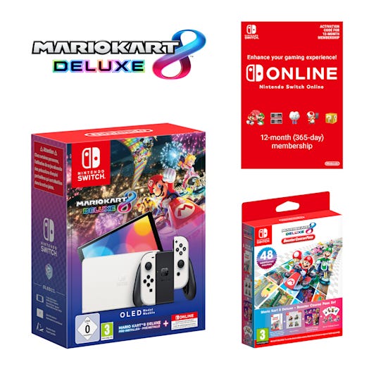 Nintendo Switch – OLED Model (White) + Mario Kart 8 Deluxe + Nintendo Switch Online Individual 12-Month (365-Day) Membership + Mario Kart 8 Deluxe: Booster Course Pass Set