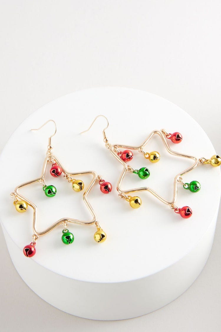 Gold Tone Christmas Jingle Star Drop Earrings