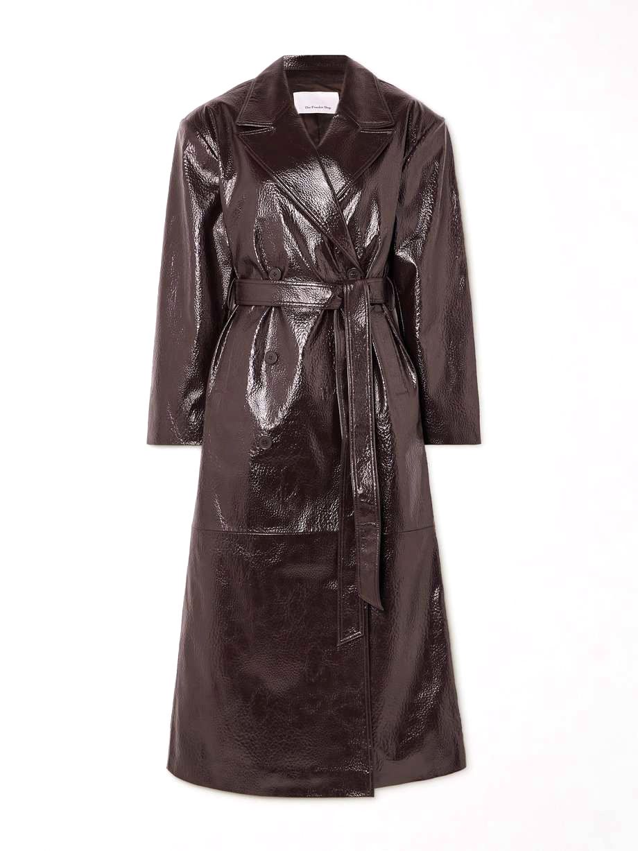 Tina belted double-breasted faux textured-leather trench coat