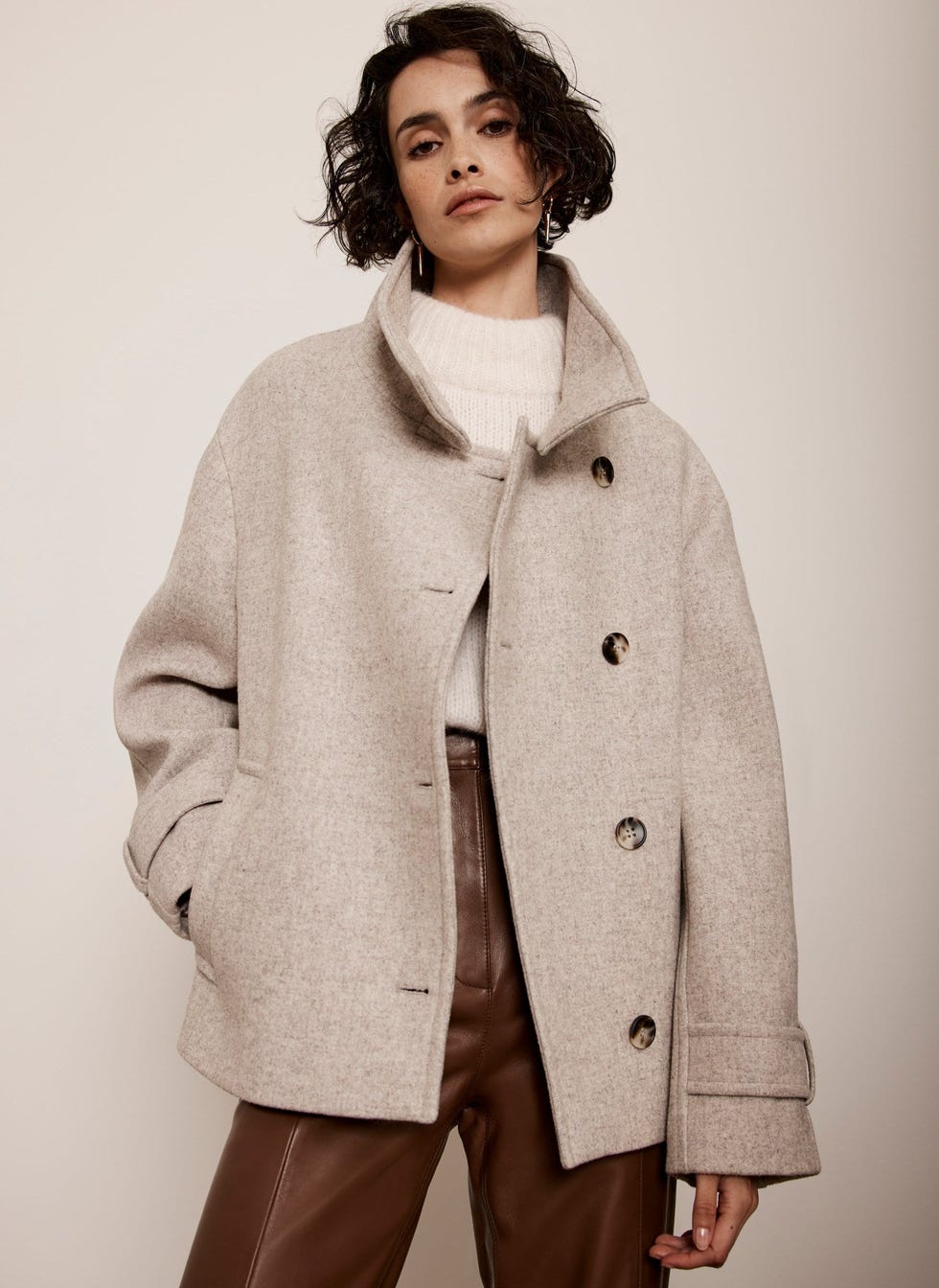 Neutral Wool Blend Neck Coat