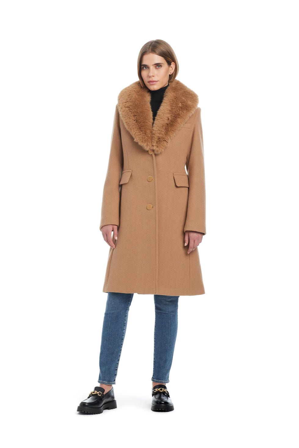 Wool Blend Coat with Removable Faux Fur Collar