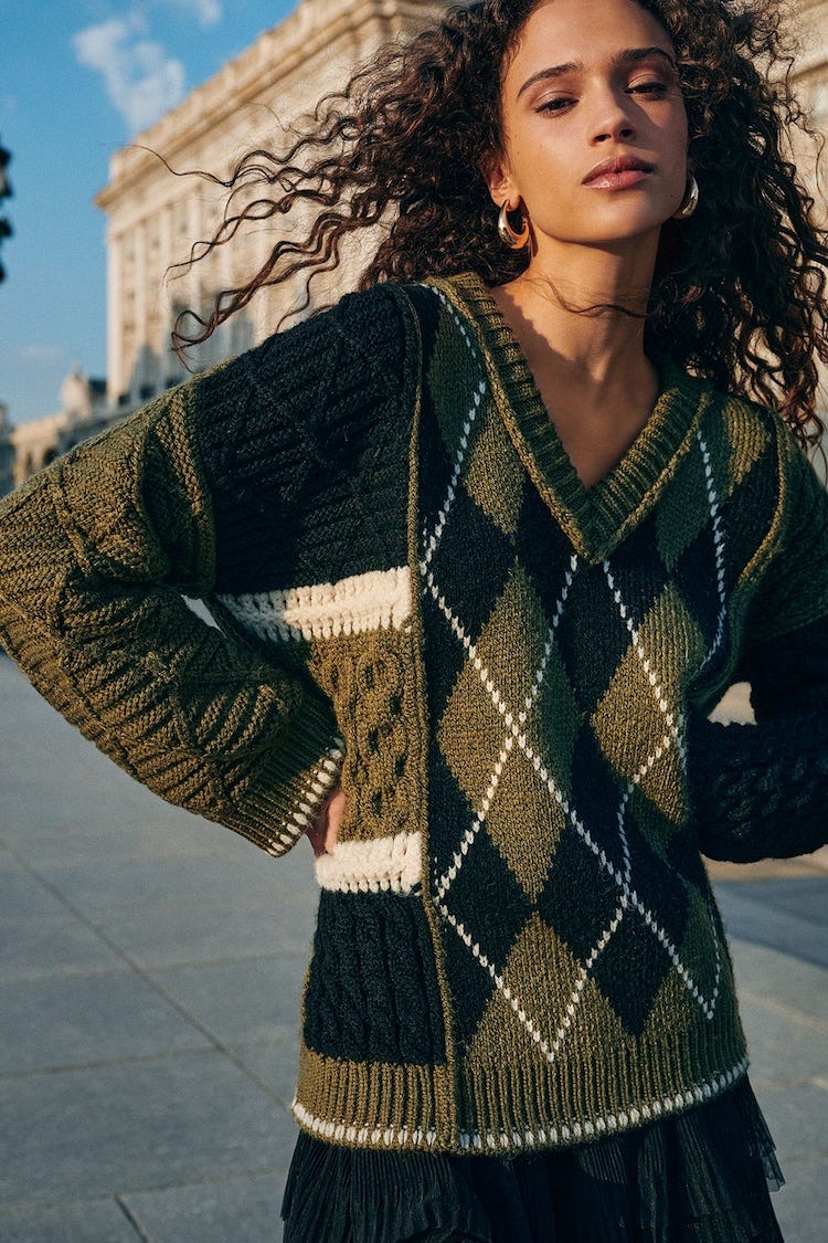 Green Argyle V-Neck Chunky Jumper